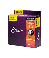 Elixir 16539  Струны 80/20 Bronze Acoustic NANOWEB  Light (.012-.053), 3 комплекта