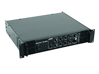 Omnitronic MP-250 Одноканальный усилитель мощности для РА с микшером. Выход 70В/100В PA или работа на 4-16Ом. Выходная мощность 250Вт RMS. Входы:3 х MIC (один с функцией приоритета) , 3 х AUX.Регуляторы тона и мастера. Рэковый монтаж, 2U