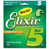 Elixir 14207 NanoWeb  струны для 5-струнной бас-гитары, Medium 45-135