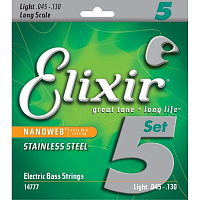 Elixir 14777 NanoWeb  струны для 5-струнной бас-гитары, Light 45-130, сталь